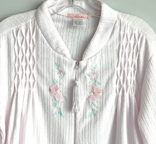 Loti Fashion Smocked Robe Full Zip Light Pink Terrycloth Housecoat Embroidered Size M
