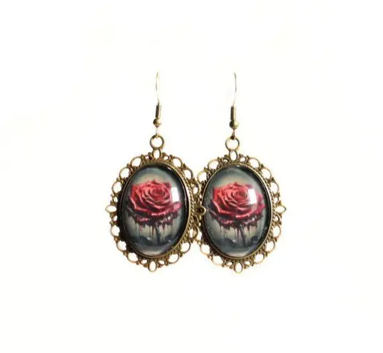 Handmade Gothic Victorian “Crimson Bloom” Dripping Rose Cameo Earrings