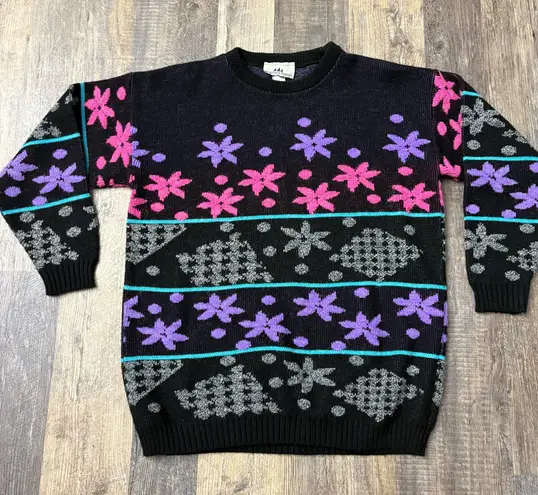 Bay Point Threads Black and Neon Purple Blue Pink 80s 90s Sweater Vintage Large