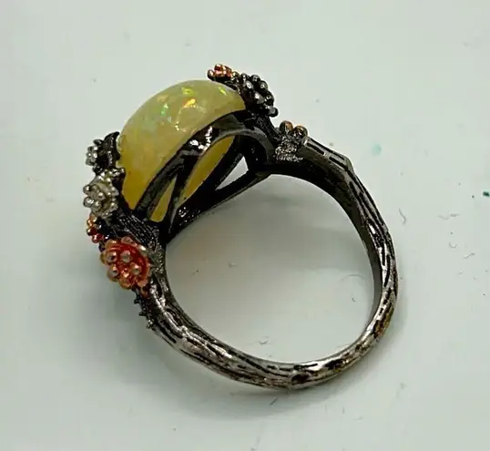 Signed 925 Sterling Cherry Blossom ring with simulated (faux) opal White