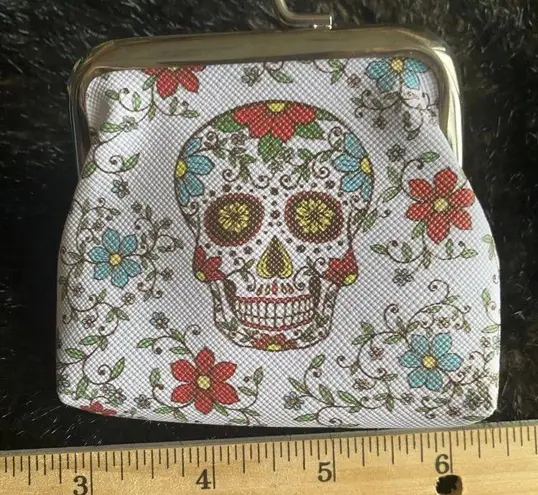 Floral Skull Print Coin Purse White