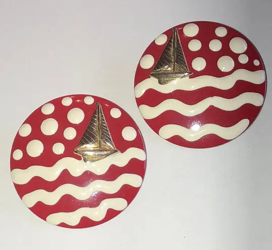 Vintage Red and White Polka Dot Nautical Sailboat Earrings
