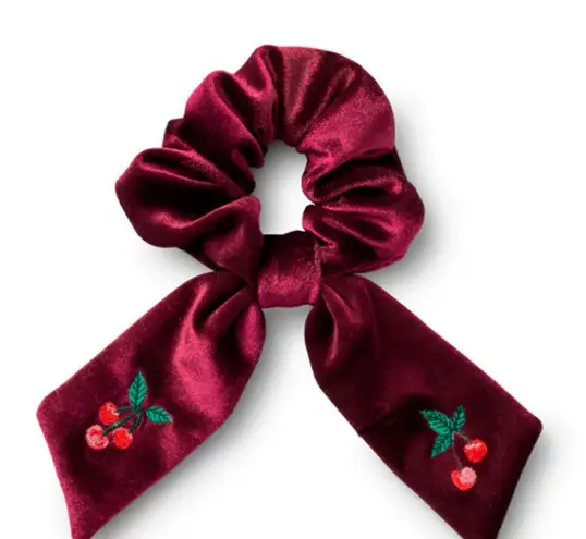 NWT Rifle Velvet Cherry Embroidered Hair Scrunchie Red