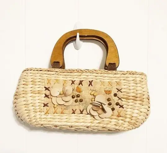 SUN N SAND WICKER FLORAL TAN SATCHEL PURSE WOOD