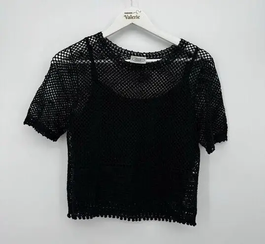Laura Ashley Vintage 90s Black Knit Sheer Top Size Small