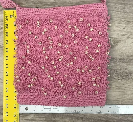 Hand Crafted Pink Crocheted Crossbody Bag with Full Zipper White Bead Accent