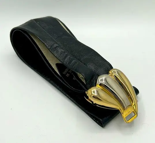 Vintage Black Leather Belt with Gold and Silver Scallop Buckle