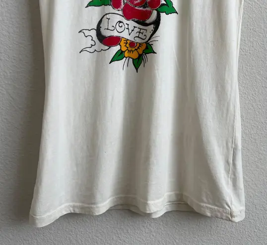 Ed Hardy Vintage Y2K Creme Blue Bird Rose “Love” Tattoo Graphic Short Sleeve Tee