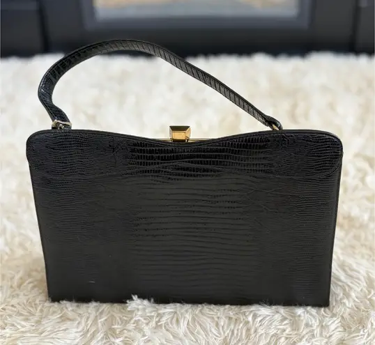 Vintage 50s Style Top Handle Handbag Black Lizard Print Purse Gold Hardware