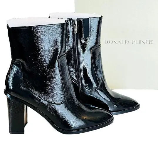 Donald Pliner NEW Leather BOOTIE ANKLE BOOT 9.5 Womens Black Crinkle Patent Shoe