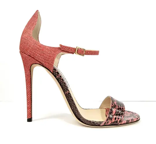 Jimmy Choo Moxy Coral Pink Elaphe Raffia Heel Ankle Strap Sandals Size EU 40