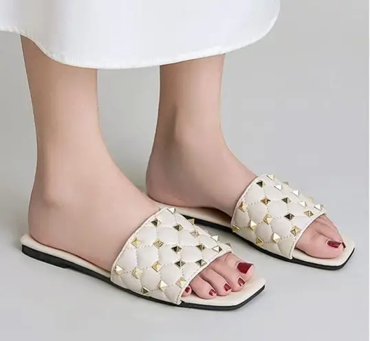 Women's Studded Sandals Flat Square Open Toe Pleather Strap Slides Slip On Shoes Gold Size 6.5