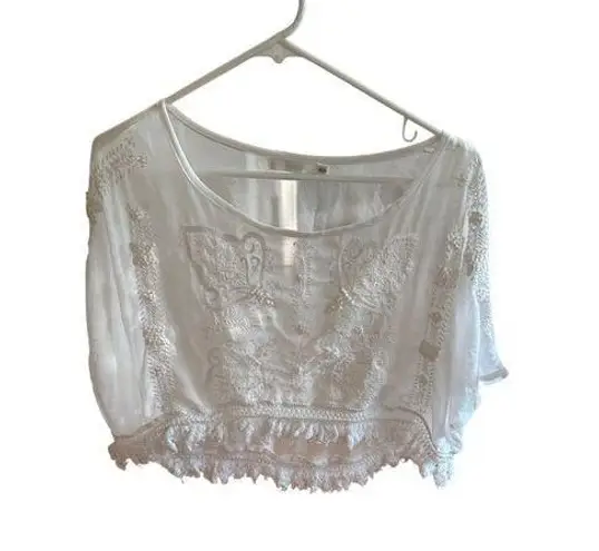 Millau XS White Sheer Embroidered Boho Crop Top Tassel Hemline Will Fit Up To M