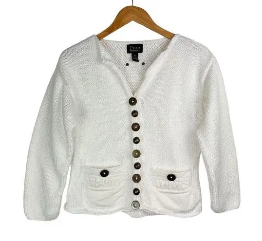 Pure Handknit Sweater Cardigan Art Deco Buttons Sz S/M White