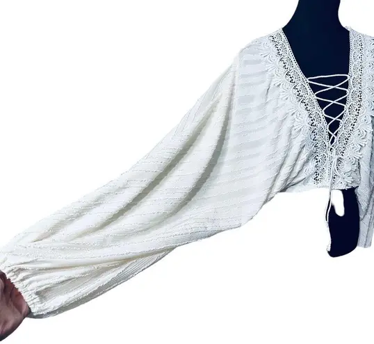 SheIn   Boho Cream Lightweight Long Sleeve Top Lace Up Gauze With Crochet Trim - Image 7