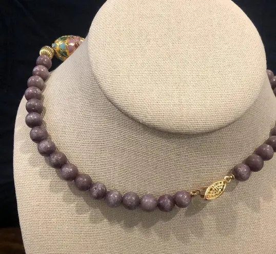 Amethyst Vintage Beads and Gold Floral Cloisonné Enamel Beaded Necklace