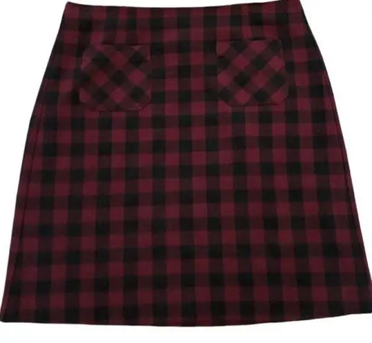 J.Jill  Maroon Black Plaid Print Size Large Pull On Lined Pencil Skirt Pockets