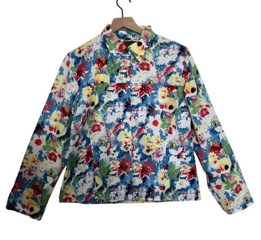 Shaver Lake Multicolor Floral Bedazzled Sequins Long Sleeve Button Up Shirt Top Blue Size M