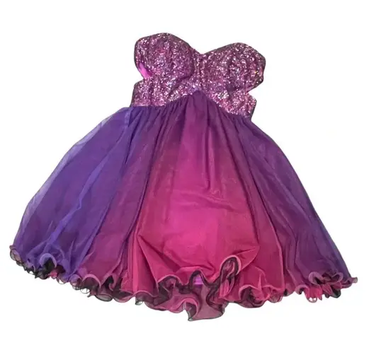Blondie Nites sequin strapless ruffle mini dress purple ombré with side cut outs