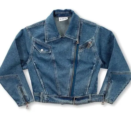 A. Helm Belted Denim Zipper Detail Y2K Moto Biker Jacket Size Extra Small Blue