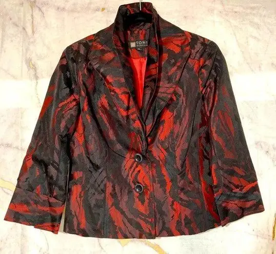 Red Black striped silky cropped blazer, size PS