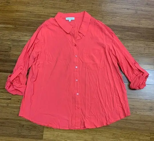 Skies Are Blue Curvy Button Down Top Women 1X Pink Roll Tab Sleeve Pocket Blouse