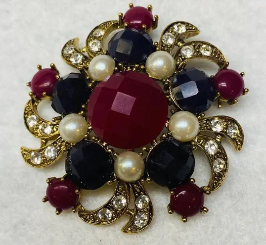 Rounded Swirl Statement Brooch Pin Vintage Faceted Stones Faux Pearl Rhinestones