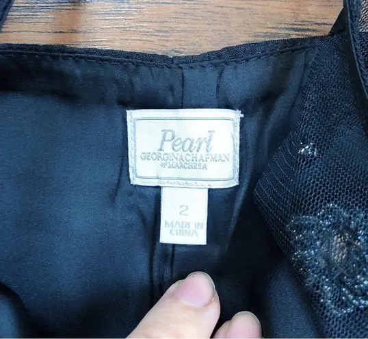 Pearl • black beaded mini dress sheer illusion Marchesa silk cocktail shift Size 2