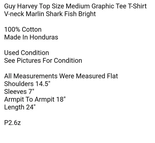 Guy Harvey Top Size Medium Graphic Tee T-Shirt V-neck Marlin Shark Fish