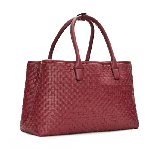 Lulu Dharma Burgundy Woven Tote Weekender Travel Bag Vegan Leather Red