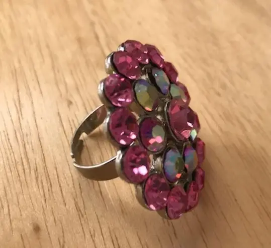 Hot Pink Crystal Ring Adjustable Retro Statement