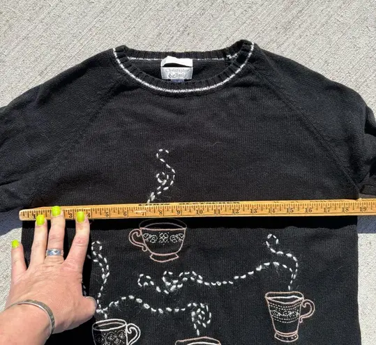 Y2K Christopher and Banks Black Coffee Cup Embroidered Crew Neck Sweater MEDIUM