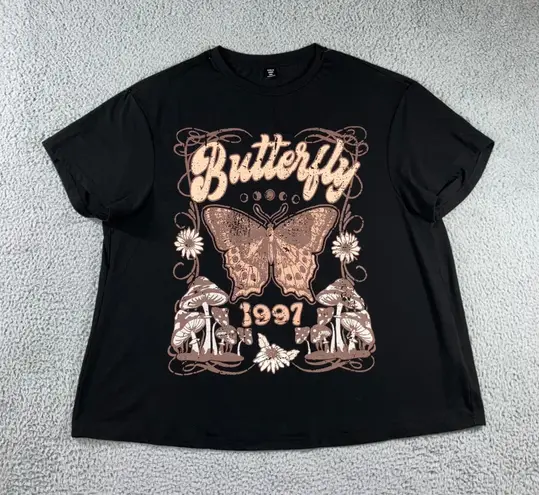SheIn 1997 Butterfly Graphic T Shirt Women 2XL Oversized Mushroom Black Short Sleeve