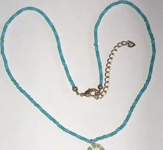 Blue Teal Green Seed Bead Beaded Dainty Flower Pendant Necklace