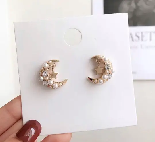 Crescent Gold Beaded Celestial Moon Earrings New