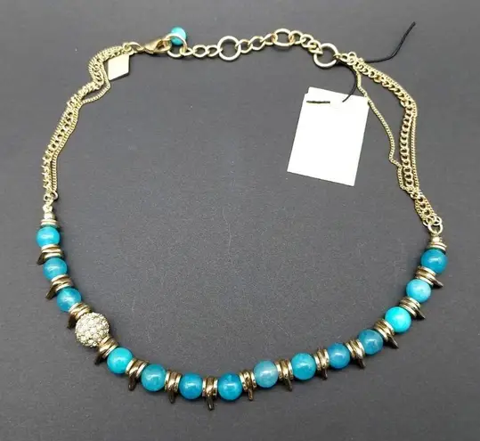 NWT Sequin Gold Tone & Blue Bead Collar Necklace Asymmetrical Paved Pendant 18"