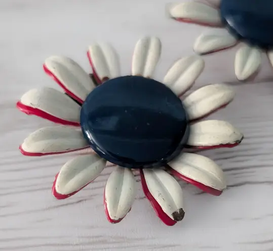 Vintage Clip On Earrings Off White, Red, Blue Flower Large