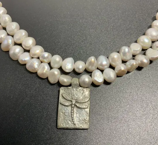 Double strand freshwater pearls necklace Dragonfly necklace w/dragon fly charm Silver