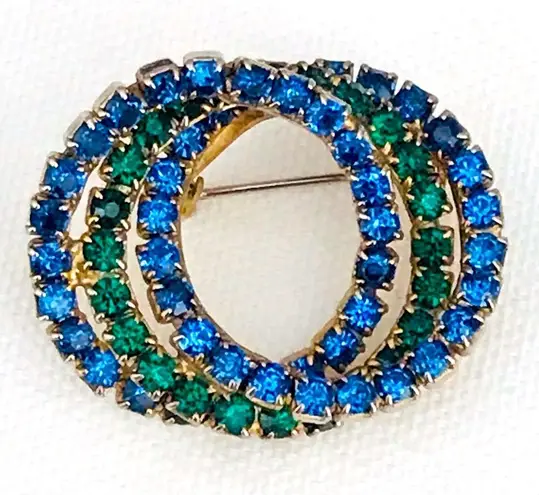 Vintage Blue  and Green Rhinestone Circles Brooch Pin