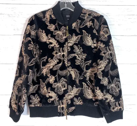 Goldie faux fur embroidered bomber jacket black/gold size XS womens