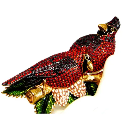 Joan Rivers  CARDINAL Birds BROOCH PIN Large 4" Pave Crystal Enameled Gold Pine