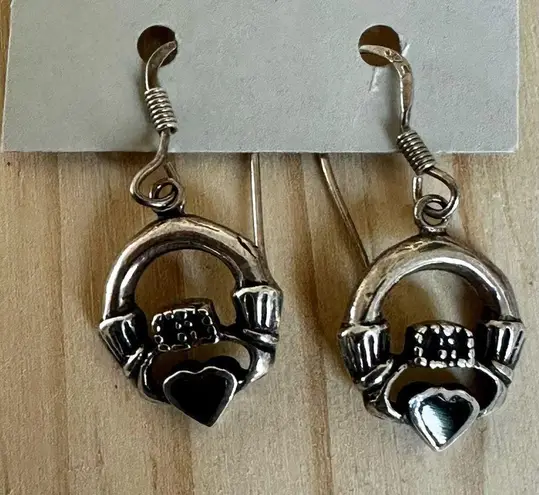 Sterling Silver Claddagh Earrings with Black Onyx Hearts