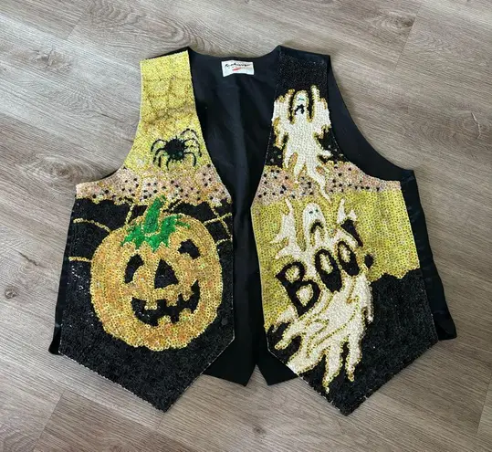Vintage Fashion Fantasy Vest Black Sequined Halloween Vest Orange Size L