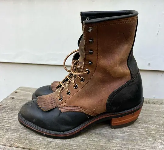 VTG 90s Black Brown Two Tone Lace Up Roper Kilte Fringe PAC Boots Roper 7 1/2M Size 7.5