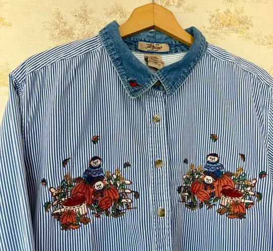 Vintage 90s blue striped denim fall pumpkin patch teddy bear button up shirt Size XXL