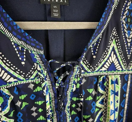 Tribal Blue Geometric 3/4 Sleeve Lightweight Stretchy Pullover Blouse Size 6L
