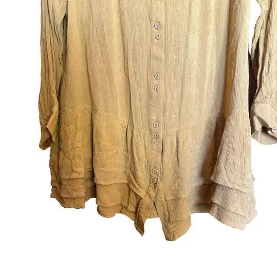 Soft Surroundings Tunic Top Womens Medium Yellow Button Gauze Flutter Hem Blouse