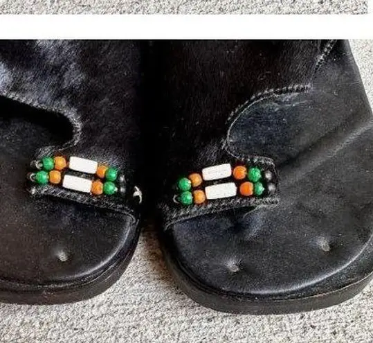 Naked Feet Sandals Flats 8.5 Beaded Toe Loop Black Leather Nubuck Square…