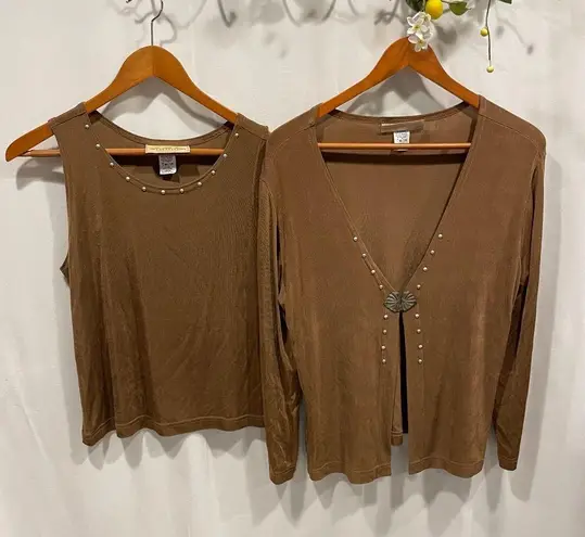 Y2K tan camel boho western New Frontier shell and cardigan jacket bling set of 2 Silver Size L