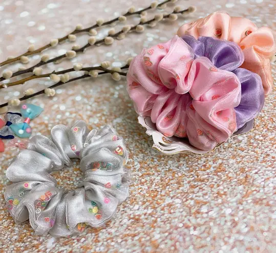 Pink Strawberry Filled Scrunchie Shaker Scrunchie Organza Satin Scrunchie